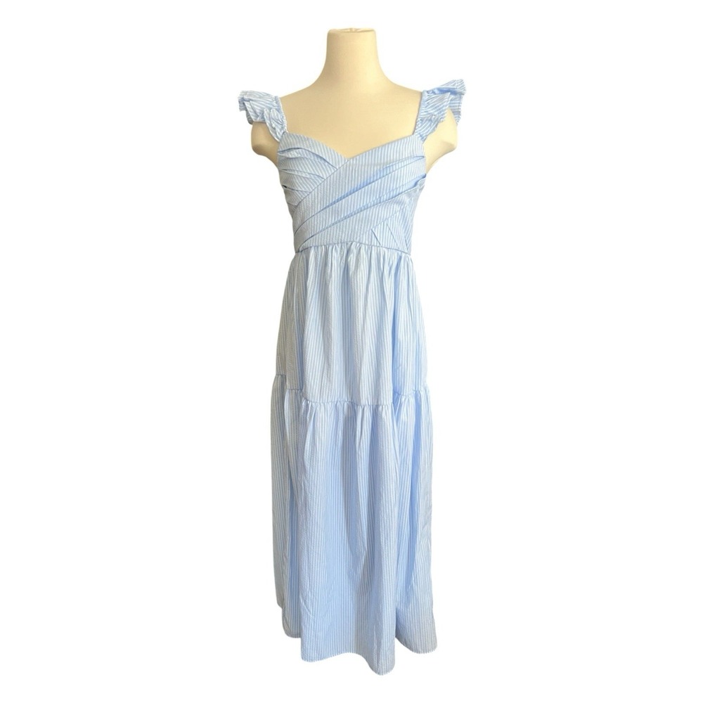 THML Pale Blue White Stripe Flutter Sleeve Tiered Maxi Dress Women's S Cottage